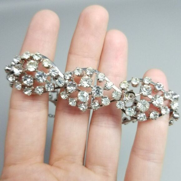Vintage Rhinestone Panel Bangle Bracelet, Silver Tone Prong Set Glass Stones - Picture 1 of 8